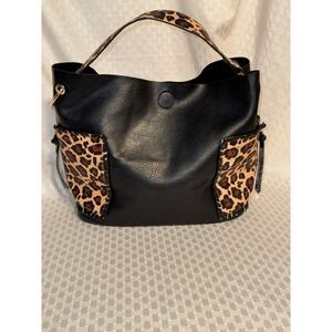 Black Faux Leather Leopard Accent on Handle and Side Pockets Handbag New